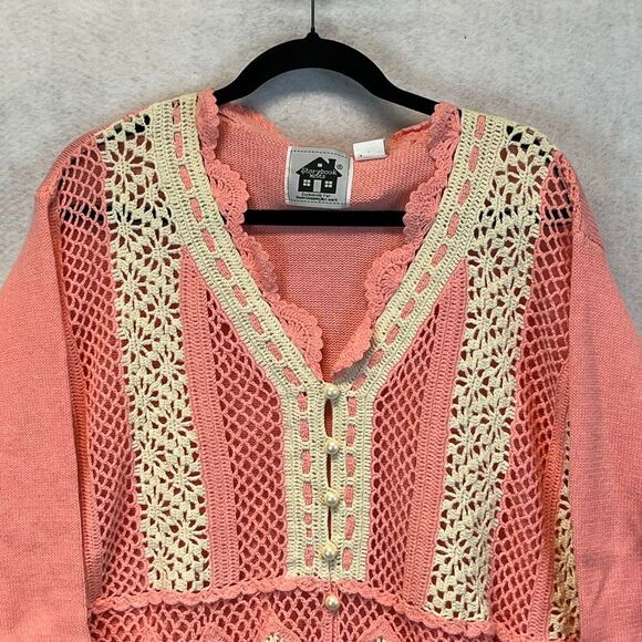NWT STORYBOOK KNITS Women’s Cardigan 2X Coral Crochet Lace Button Front Sweater - Picture 2 of 16